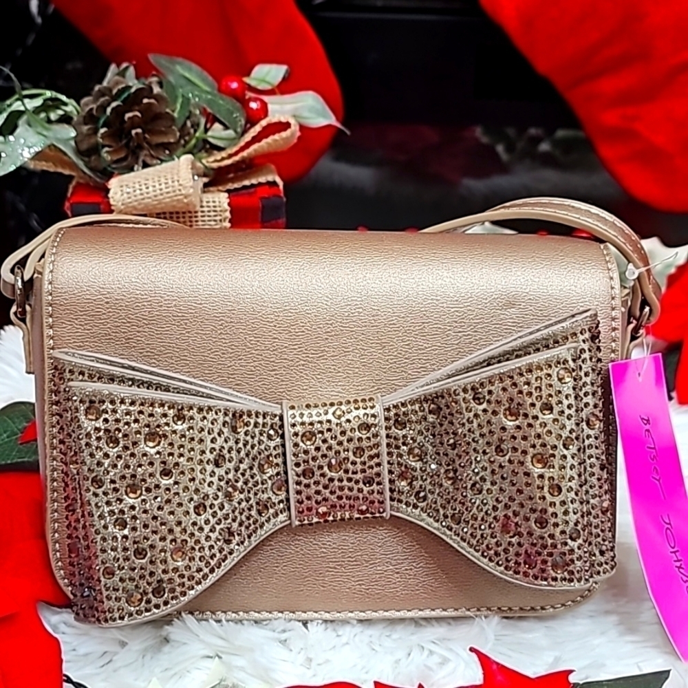 NWT BRONZE BLINGY RHINESTONE BIG BOW BETSEY JOHNSON CROSSBODY